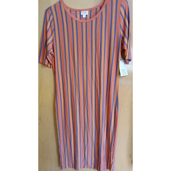 LuLaRoe Julia Bodycon Orange/Blue/Yellow Stripped Dress Womens 2XL - Picture 2 of 16